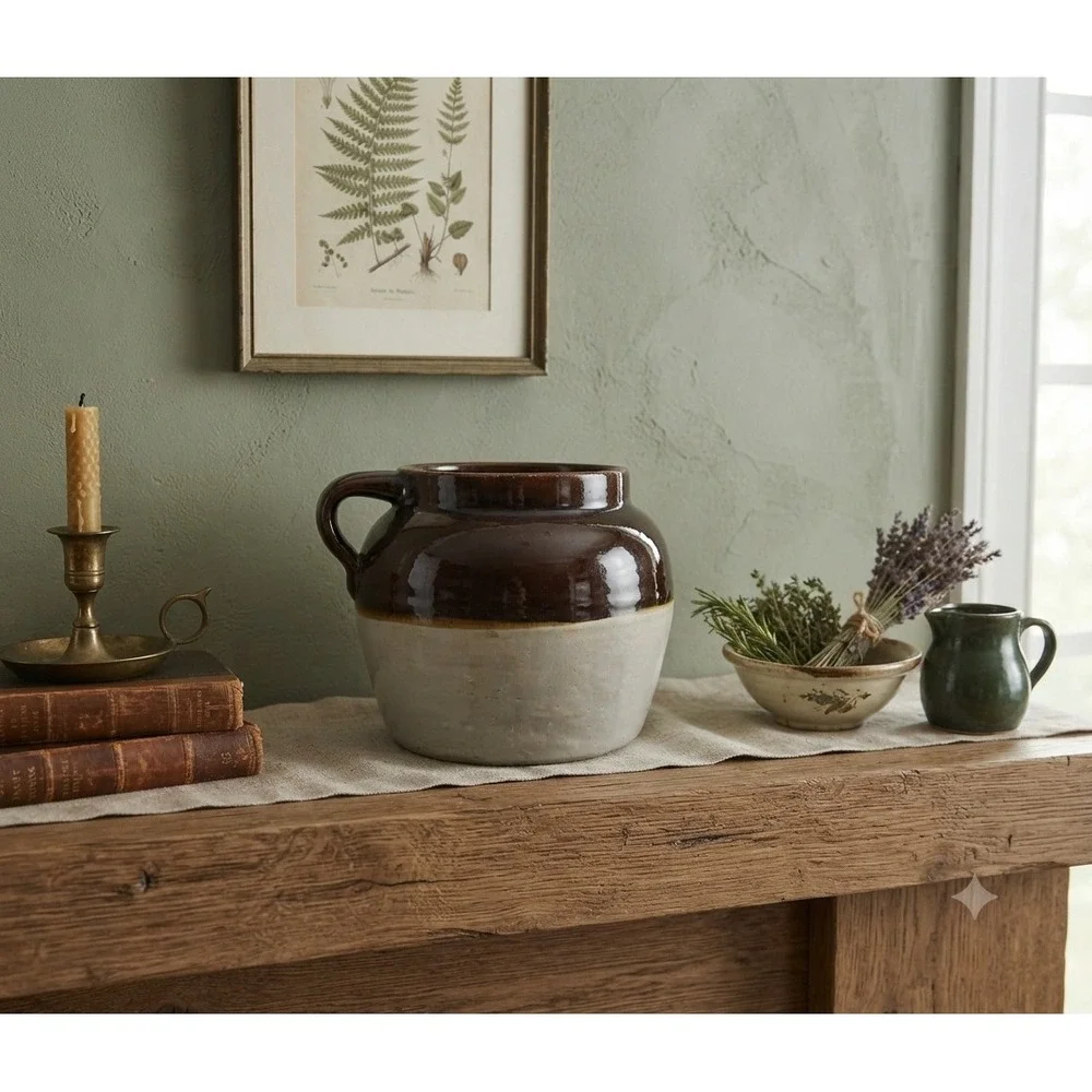 Vintage 2 Tone Stoneware Bean Pot Brown Cream Crock Star Mark 2 Farmhouse Decor